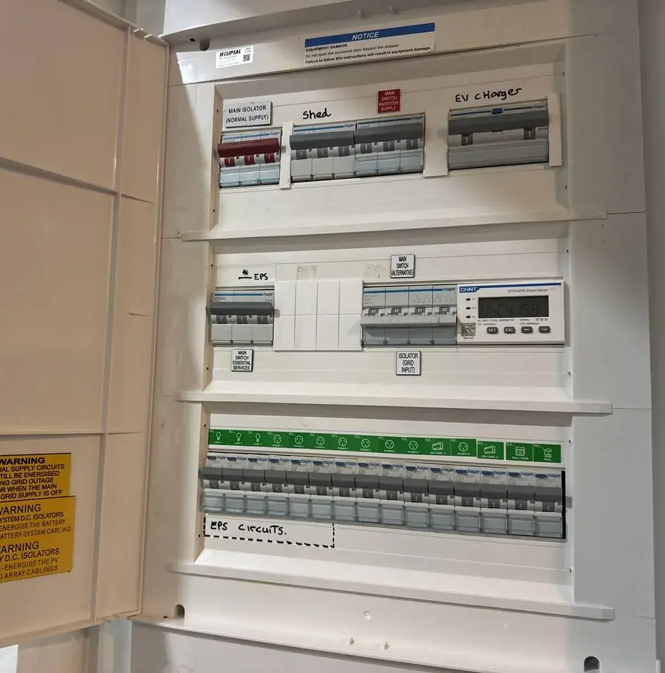 Custom switchboard with solar, EPS battery backup and EV charger circuits installed by Nuvolt Electrical in Woombye on the Sunshine Coast