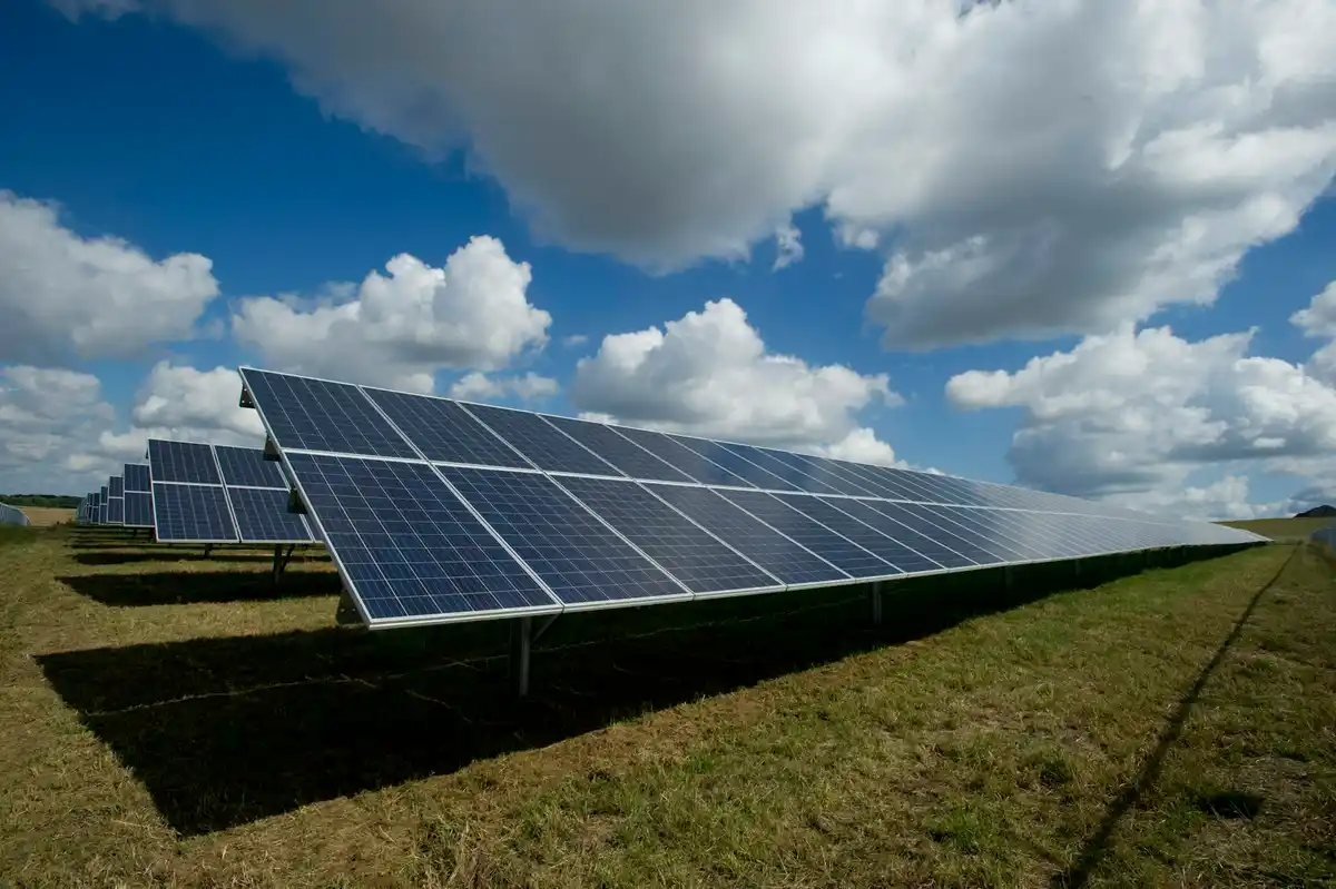Rows of solar panels installed across a large open site