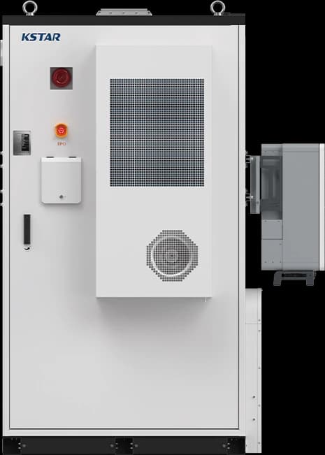 Kstar BluePulse outdoor commercial battery cabinet with the three phase hybrid inverter mounted on its side