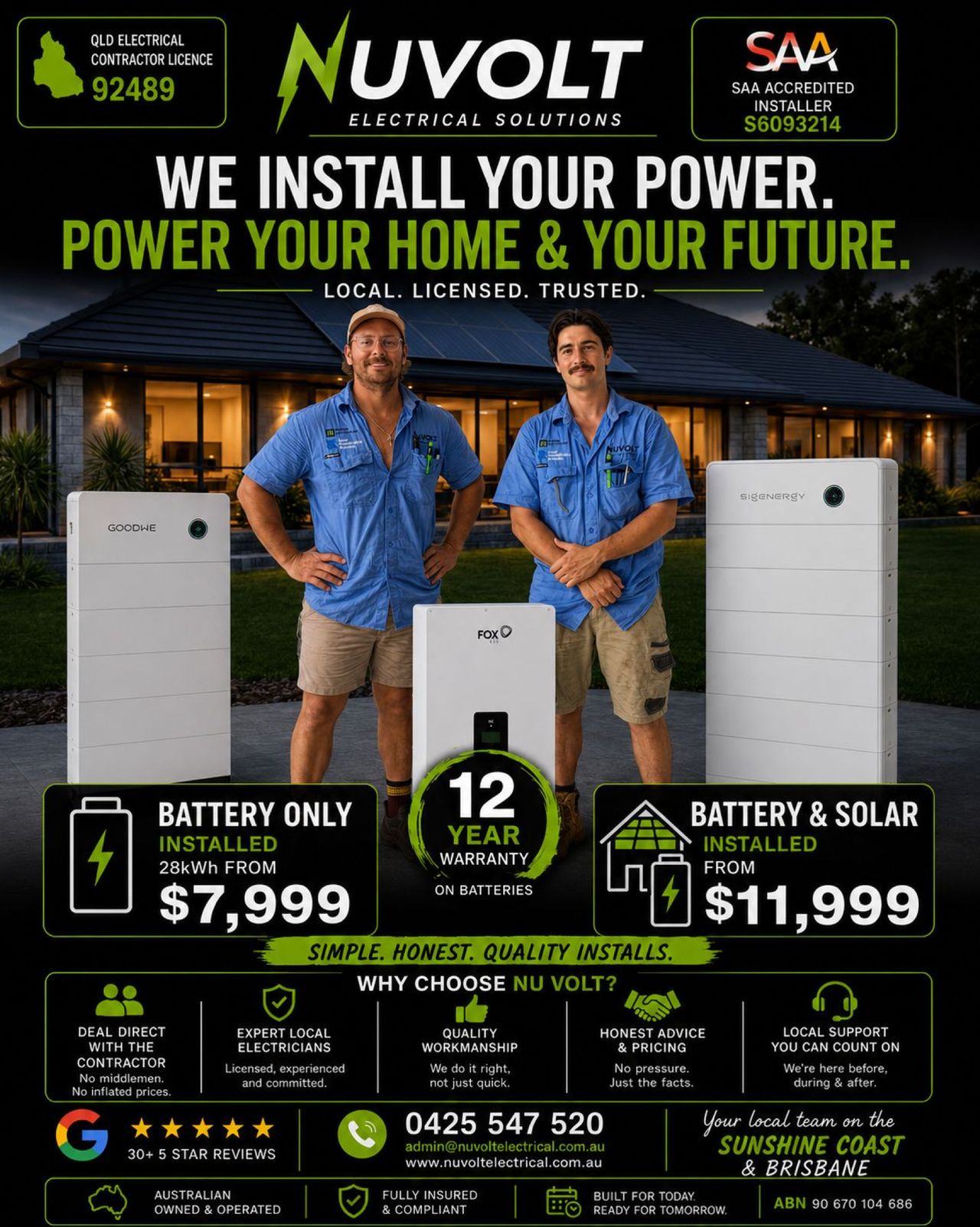 Nuvolt Electrical offer: Battery only installed 28kWh from $7,999, Battery & Solar installed from $11,999, 12 year warranty on batteries